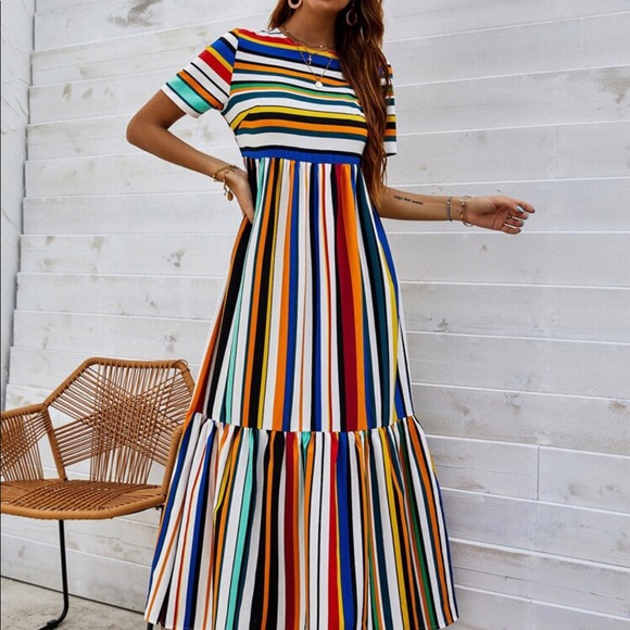 🎉NWT Stripped Rainbow 🌈 Maxi Dress, Sundress, Long, Boho Dress, Chic Dress - Picture 3 of 4
